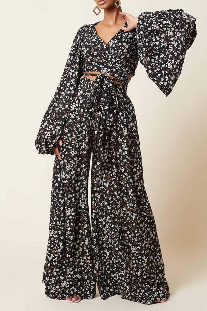 Fashion Casual Print Bandage V Neck Long Sleeve Two Pieces