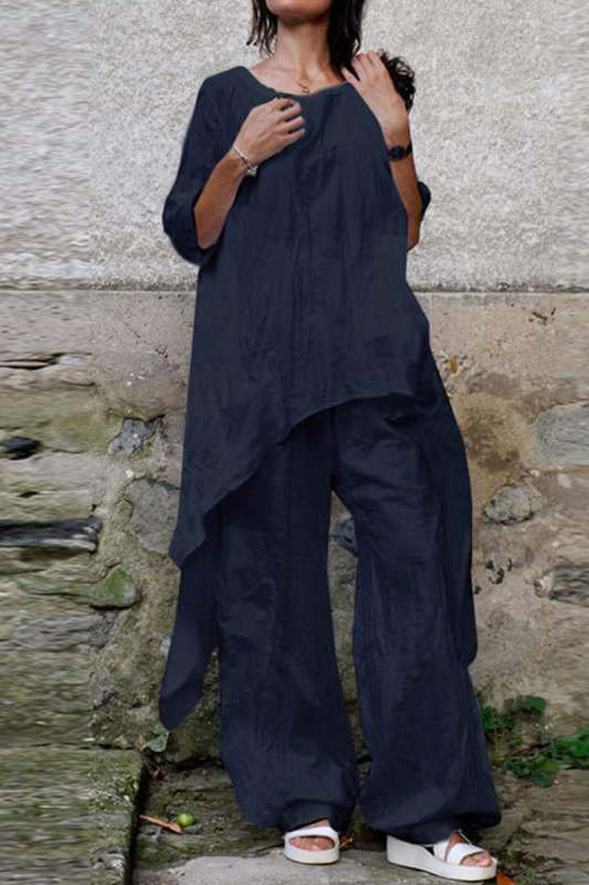 Casual Simplicity Solid Asymmetrical O Neck Three Quarter Two Pieces