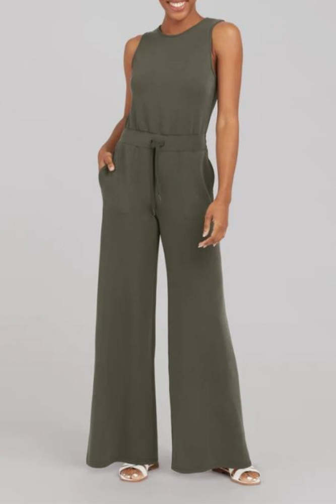Casual Daily Solid Frenulum Buttons O Neck Loose Jumpsuits