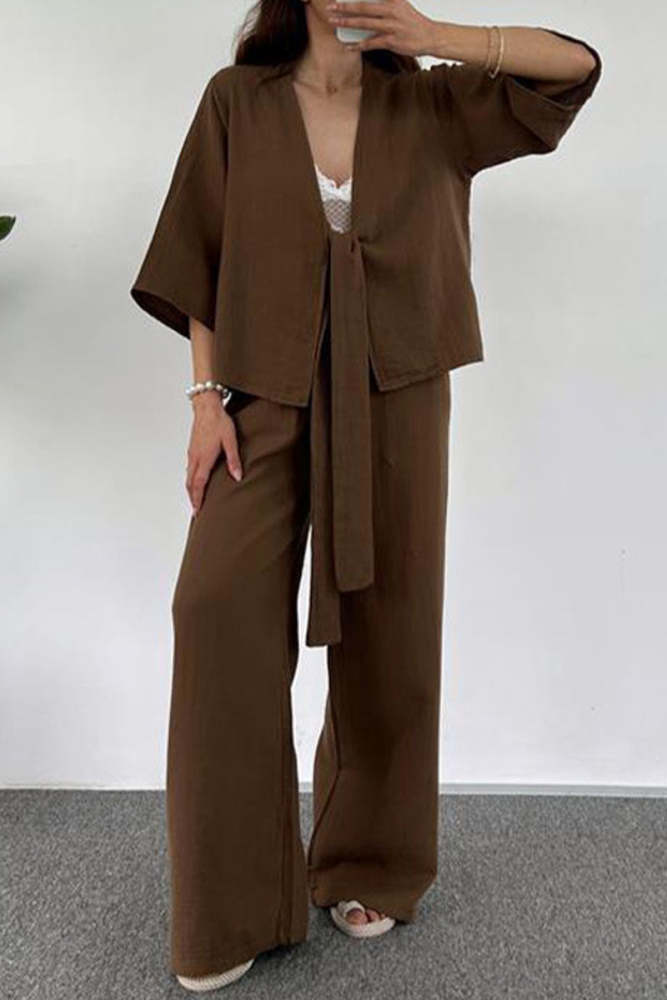 Casual Simplicity Solid Pocket V Neck Three Quarter Two Pieces
