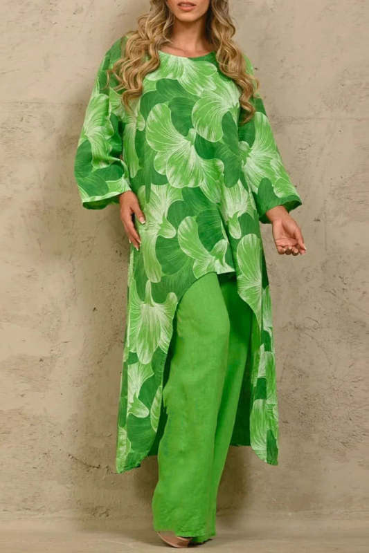 Casual Floral Asymmetrical O Neck Long Sleeve Two Pieces