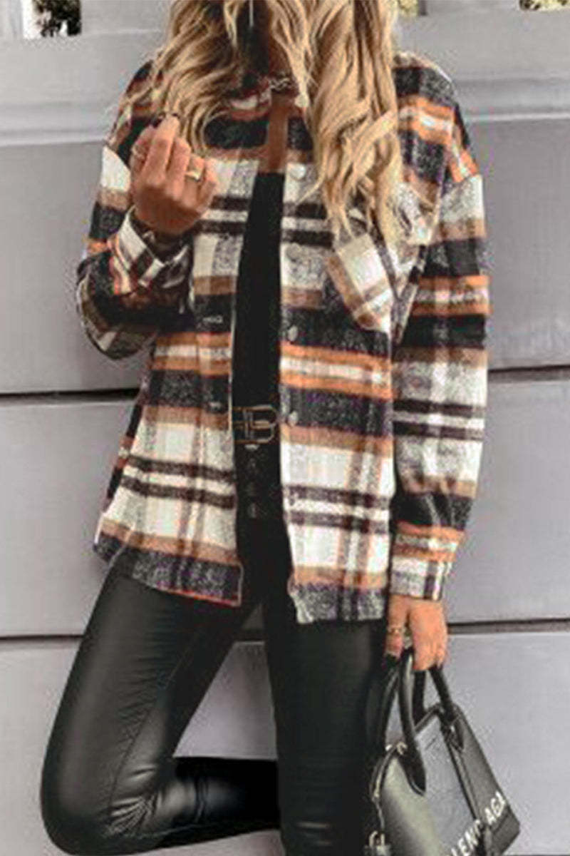 Elegant Plaid Patchwork Pocket Turn-back Collar Tops