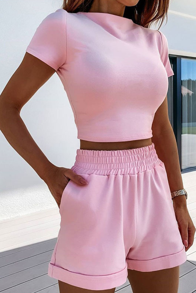 Casual Solid Patchwork Half A Turtleneck Short Sleeve Two Pieces