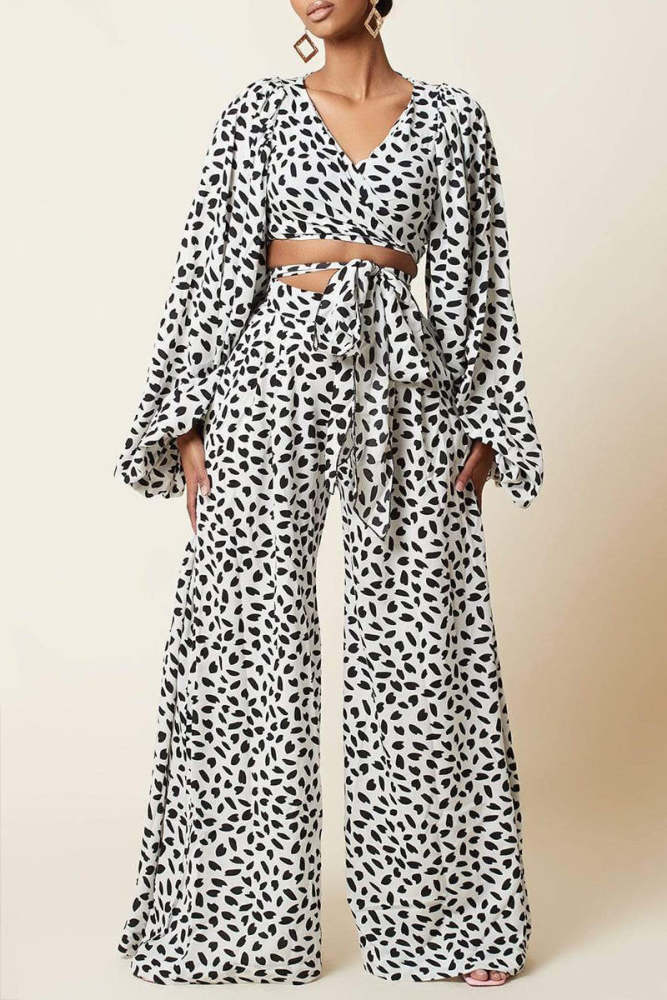 Fashion Casual Print Bandage V Neck Long Sleeve Two Pieces