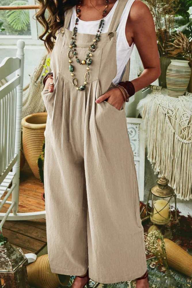 Women's Plain Sleeveless Loose Fitting Jumpsuit With Pockets