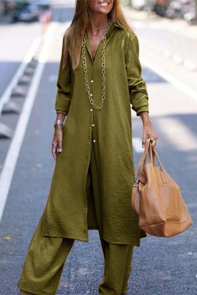 Casual Solid Buttons Turndown Collar Long Sleeve Two Pieces(3 Colors)