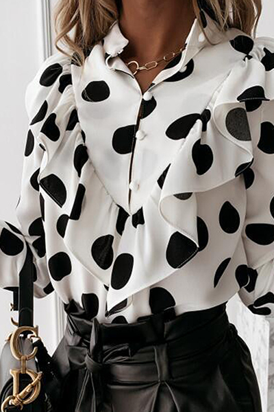 Elegant Print Polka Dot Split Joint Buckle Flounce Mandarin Collar Tops(5 colors)