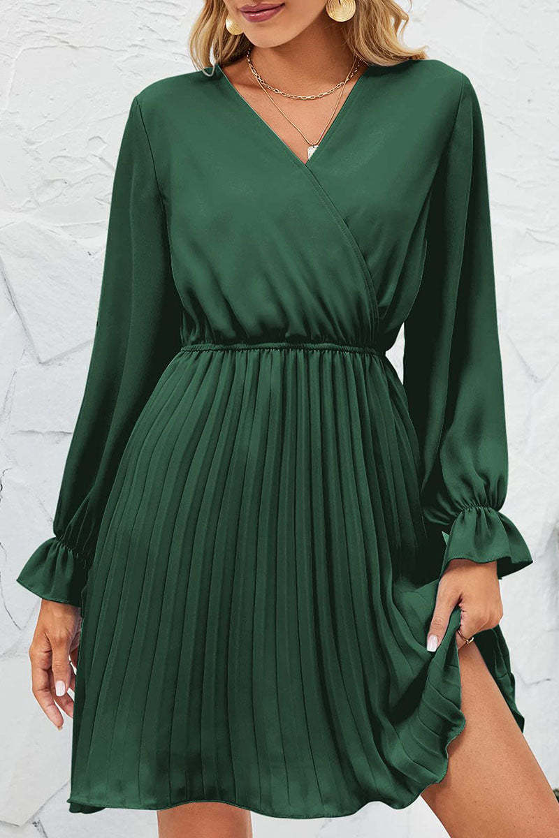 Sexy Simplicity Solid Frenulum Zipper V Neck Pleated Dresses