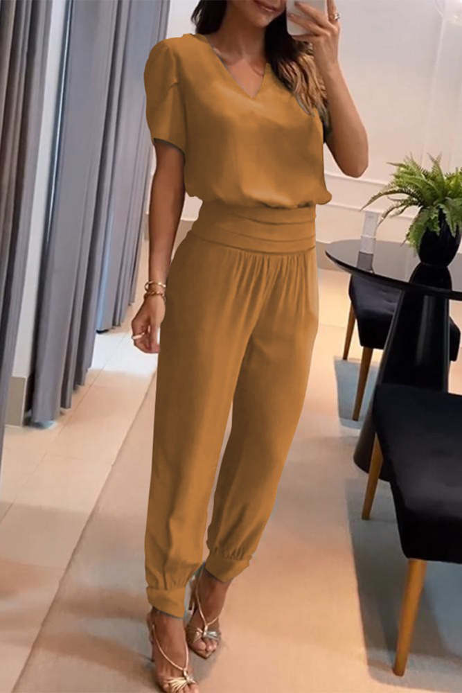Casual Daily Solid Solid Color V Neck Short Sleeve Two Pieces(5 Colors)