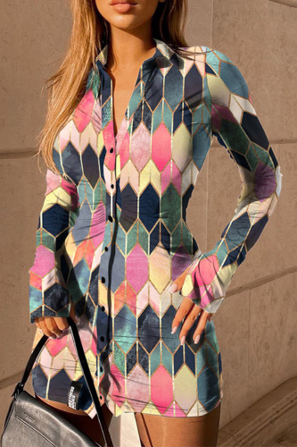 Casual Print Split Joint Turndown Collar Pencil Skirt Dresses(4 colors)