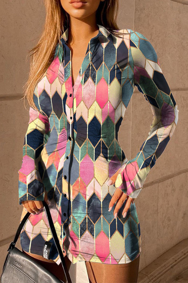 Casual Print Split Joint Turndown Collar Pencil Skirt Dresses(4 colors)
