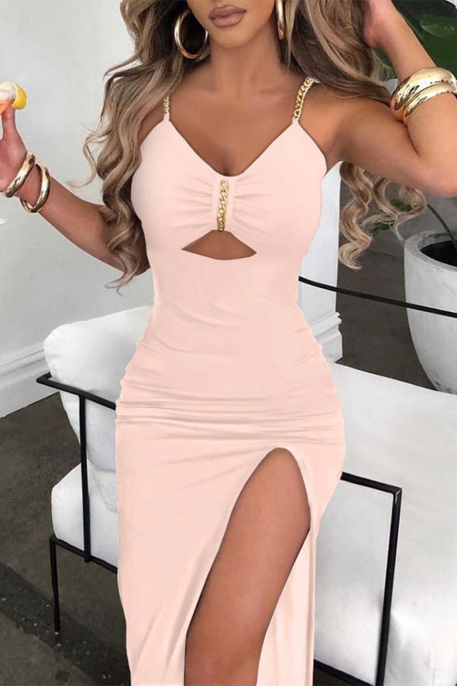 Sexy Party Solid Hollowed Out Metal Accessories Decoration V Neck A Line Dresses(5 Colors)