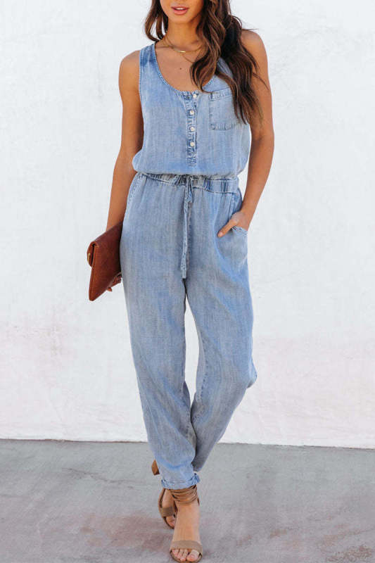 Casual Street Print Patchwork Pocket U Neck Sleeveless Loose Denim Jumpsuits