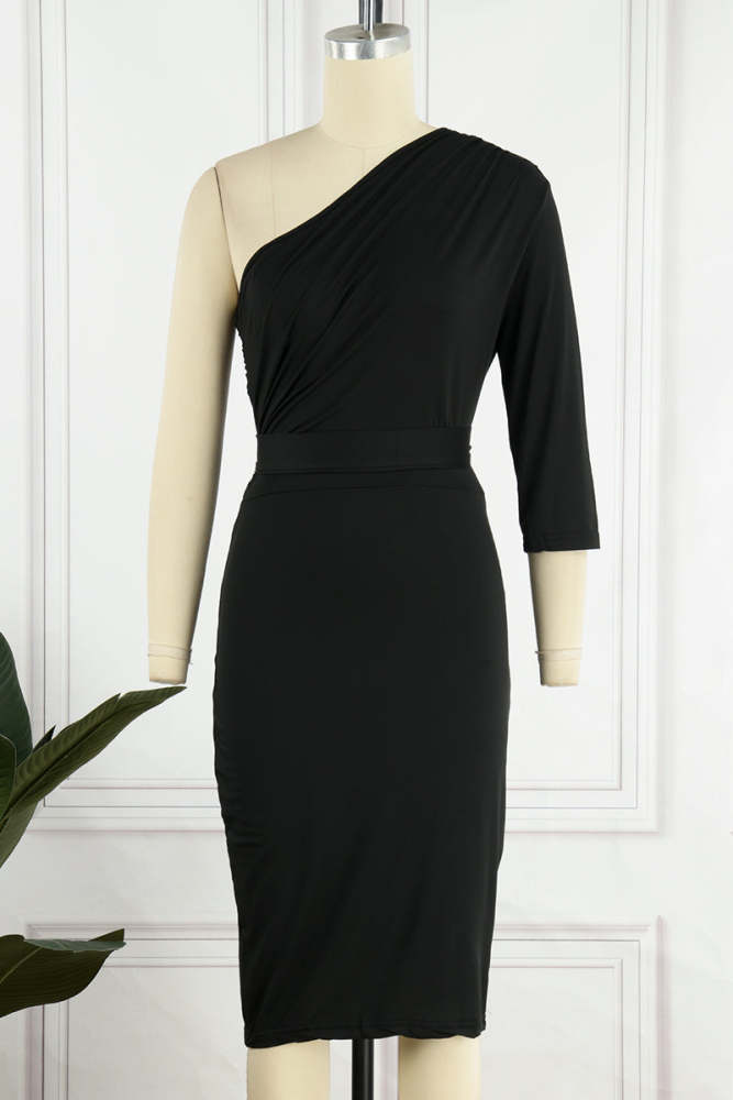Sexy Solid Patchwork One Shoulder Pencil Skirt Dresses（5 colors）