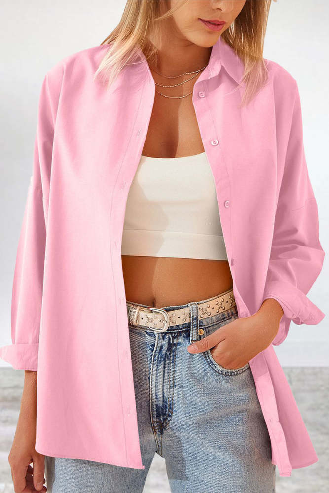 Casual Simplicity Solid Buttons Turndown Collar Tops