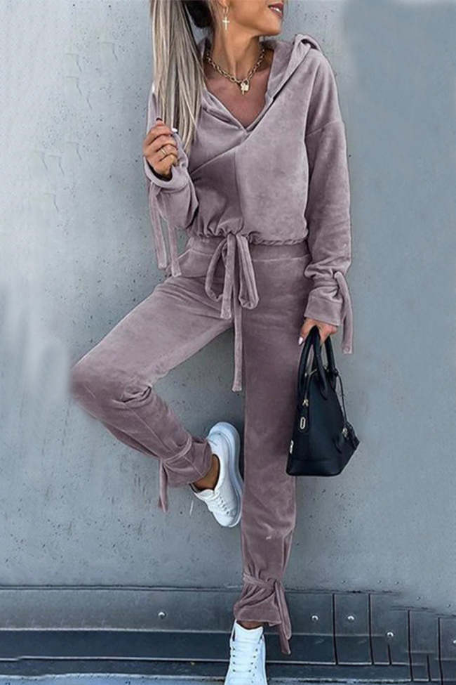 Casual Solid Hooded Collar Long Sleeve Two Pieces(3 Colors)