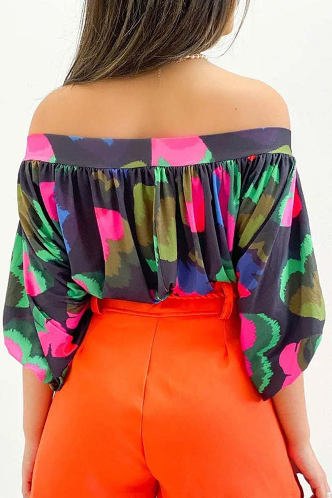 Casual Print Patchwork Off the Shoulder T-Shirts