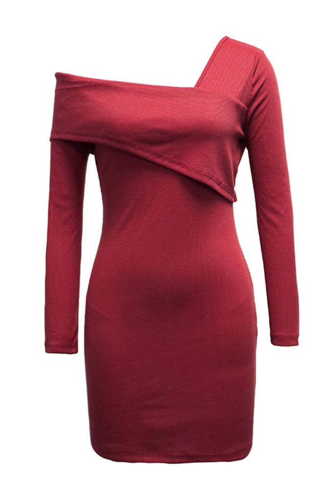 Fashion Elegant Solid With Belt Oblique Collar Pencil Skirt Dresses