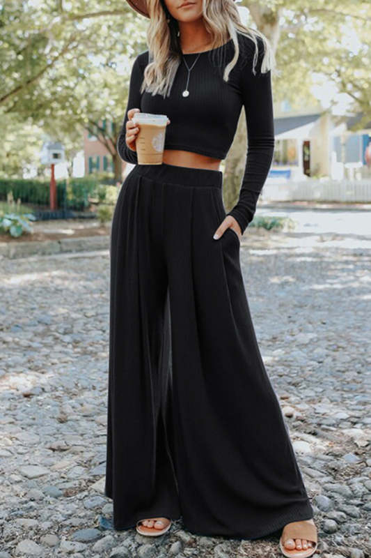 Fashion Solid Patchwork O Neck Long Sleeve Two Pieces(4 Colors)