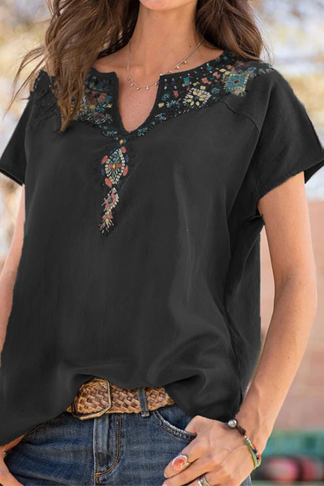 Vintage Solid Split Joint V Neck T-Shirts(6 colors)