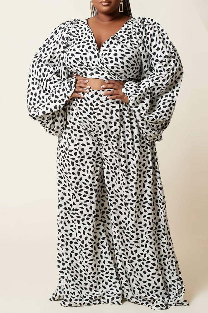 Fashion Casual Print Bandage V Neck Long Sleeve Two Pieces