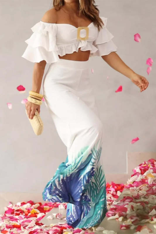 Elegant Print Patchwork Off the Shoulder Short Sleeve Two Pieces