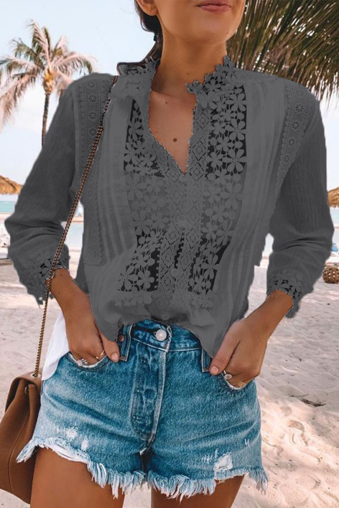 Casual Solid Lace V Neck Tops(4 colors)
