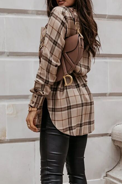 Casual Plaid Pocket Buckle With Belt Turndown Collar Tops(3 colors)