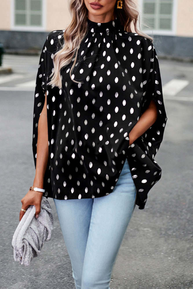 British Style Elegant Polka Dot Bandage Mandarin Collar Tops