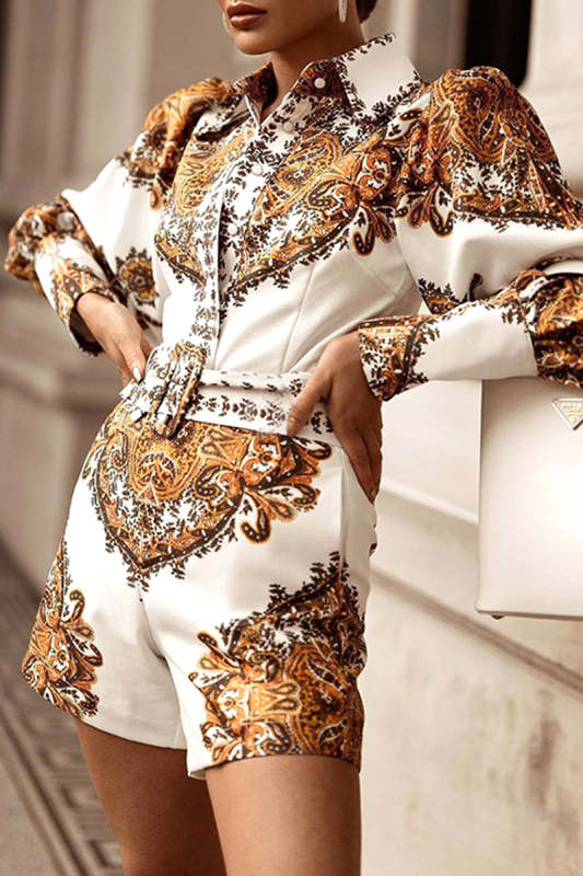 Vintage Print Patchwork Turndown Collar Straight Jumpsuits