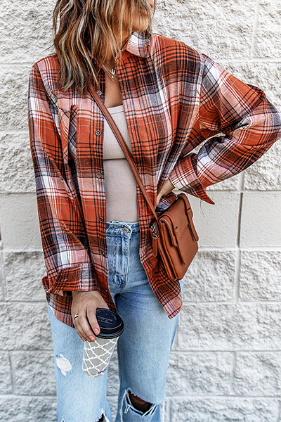 Casual Plaid Split Joint Buckle Turndown Collar Tops