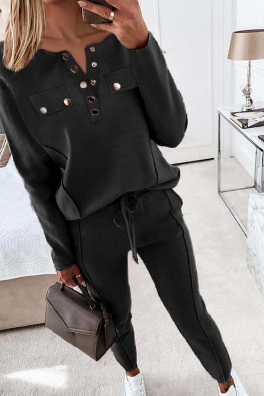 Casual Buckle V Neck Long Sleeve Two Pieces(3 Colors)