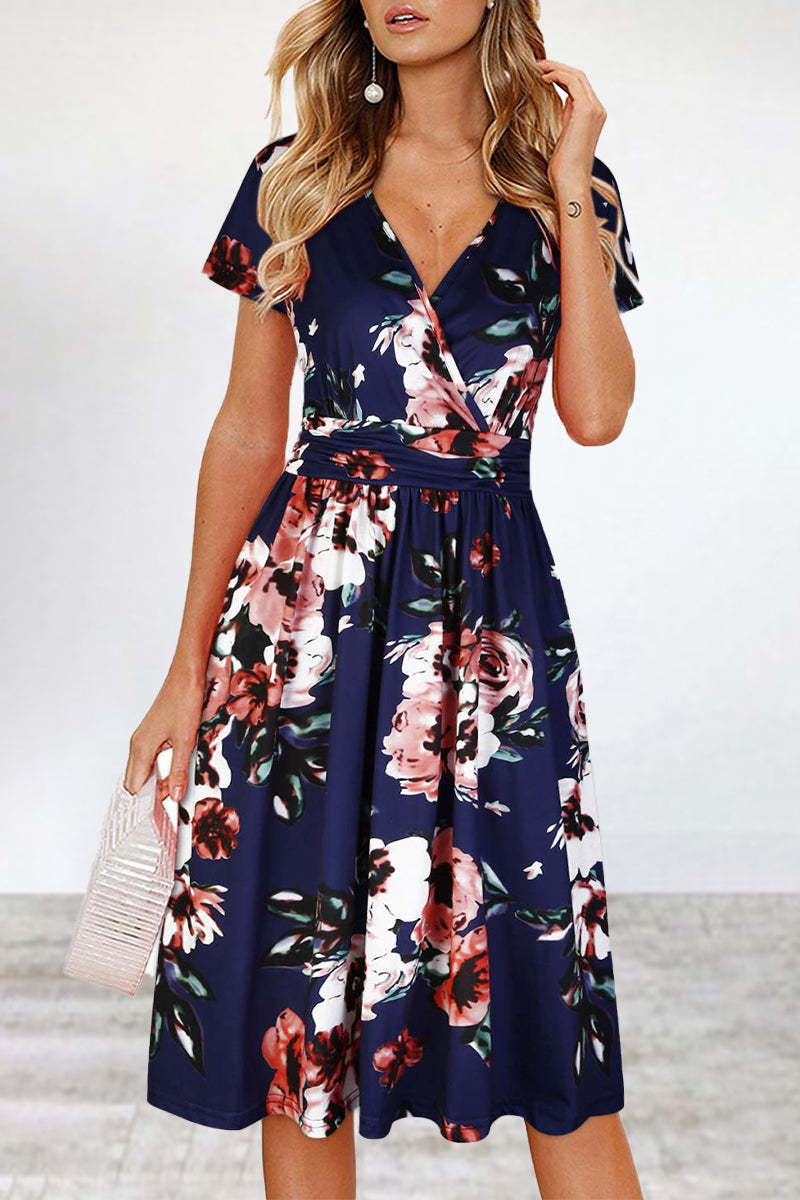 Elegant College Geometric Patchwork V Neck Printed Dress Dresses main image 1