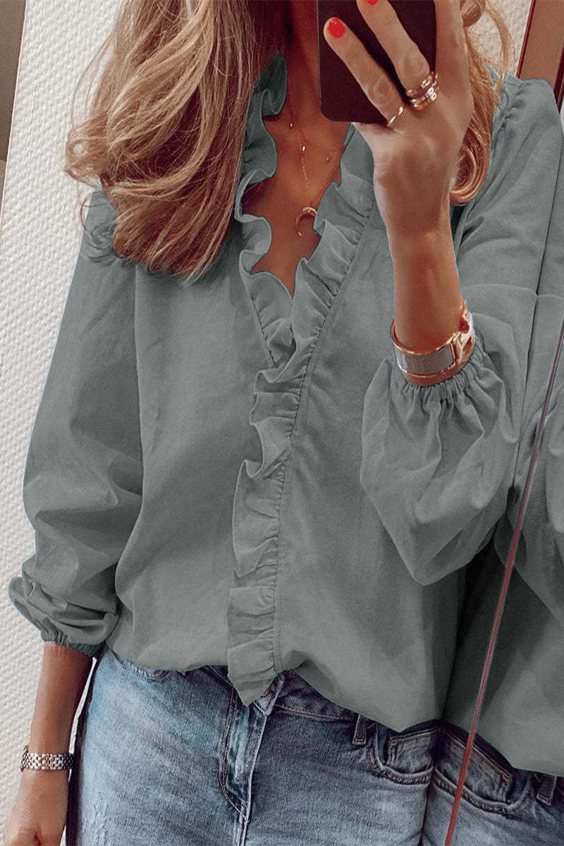 Sweet Elegant Solid Patchwork Flounce V Neck Tops