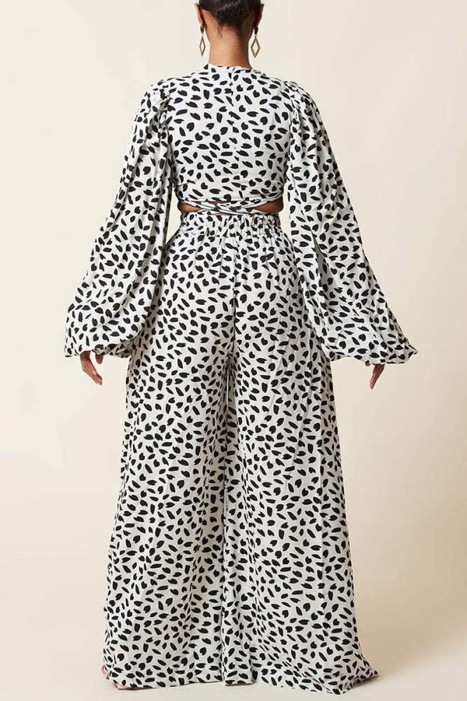 Fashion Casual Print Bandage V Neck Long Sleeve Two Pieces