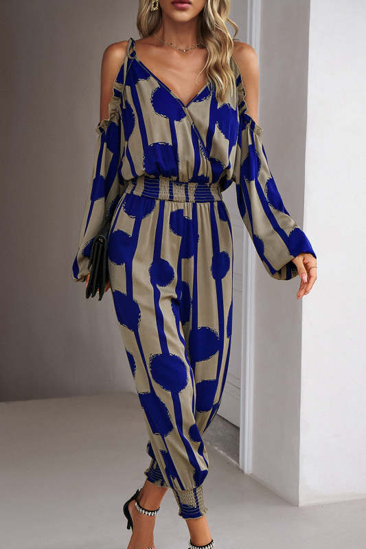 Elegant Striped Dot Patchwork V Neck Jumpsuits