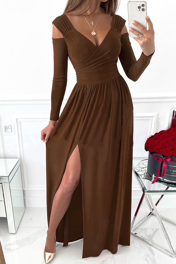 Casual Elegant Hollowed Out Slit V Neck Waist Skirt Dresses(5 Colors)