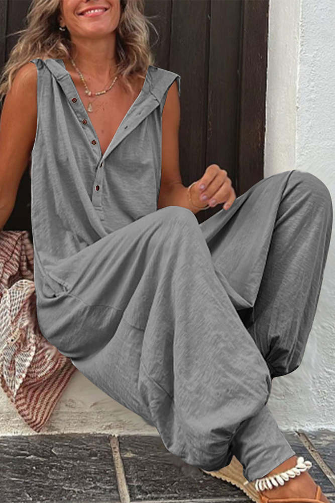 Casual Solid Buckle Hooded Collar Loose Jumpsuits