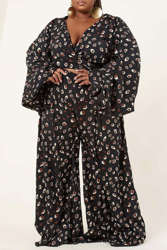 Fashion Casual Print Bandage V Neck Long Sleeve Two Pieces