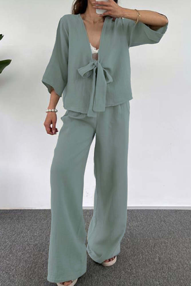 Casual Simplicity Solid Pocket V Neck Three Quarter Two Pieces