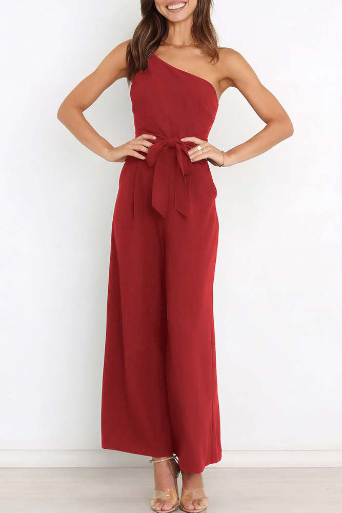 Casual Simplicity Solid Bandage Oblique Collar Straight Jumpsuits