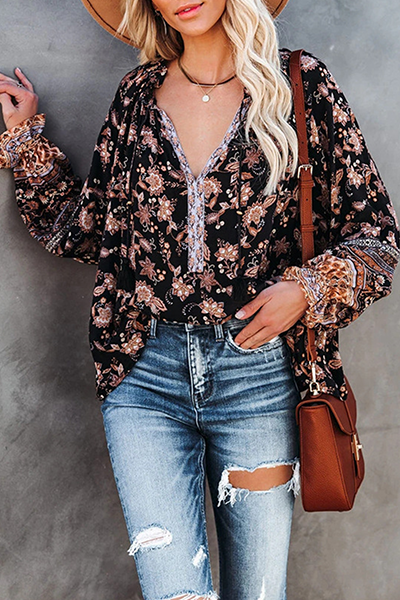 Fashion Casual Floral Split Joint Flounce V Neck Tops