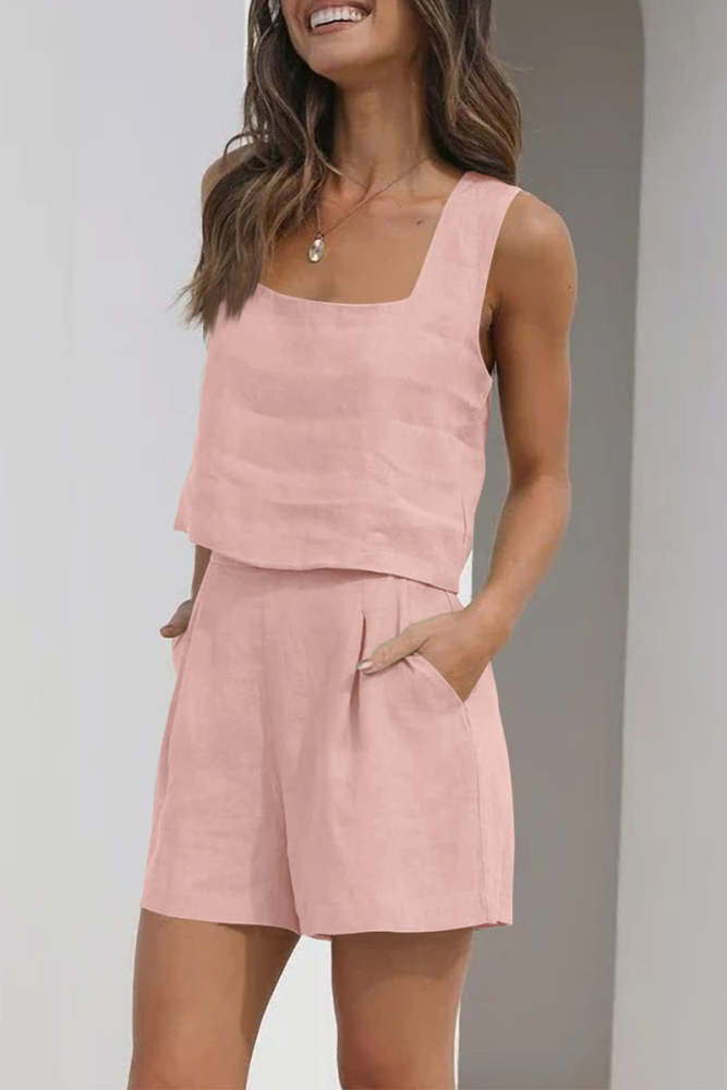 Casual Simplicity Solid Pocket Square Collar Sleeveless Two Pieces(16 Colors)