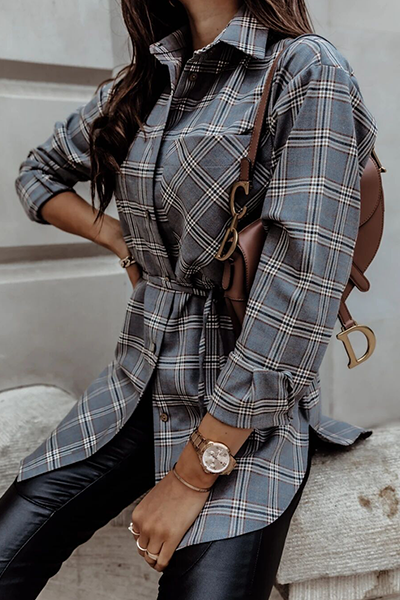 Casual Plaid Pocket Buckle With Belt Turndown Collar Tops(3 colors)