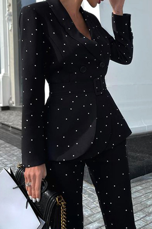 Fashion Elegant Polka Dot Buckle With Belt Turndown Collar Long Sleeve Two Pieces