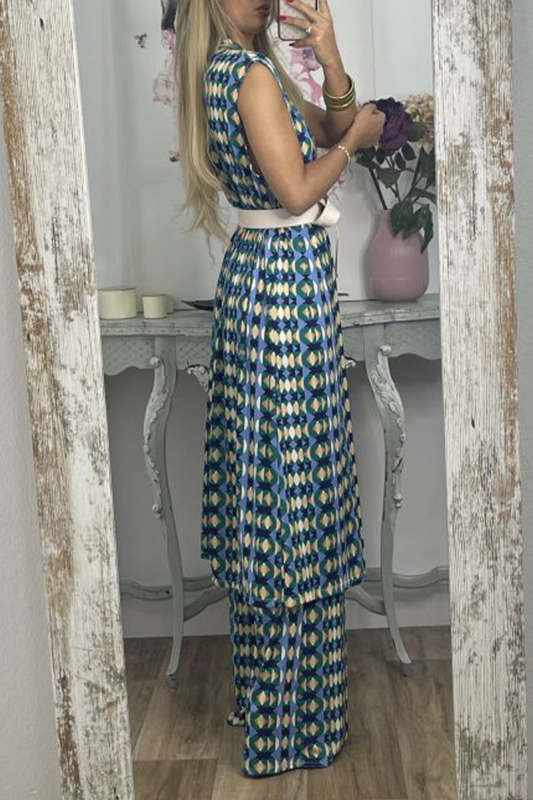 Casual Geometric With Belt Printing V Neck Sleeveless Two Pieces