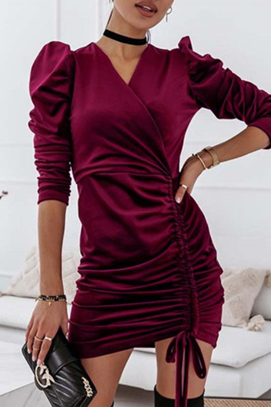 Elegant Solid Patchwork Draw String V Neck Pencil Skirt Dresses