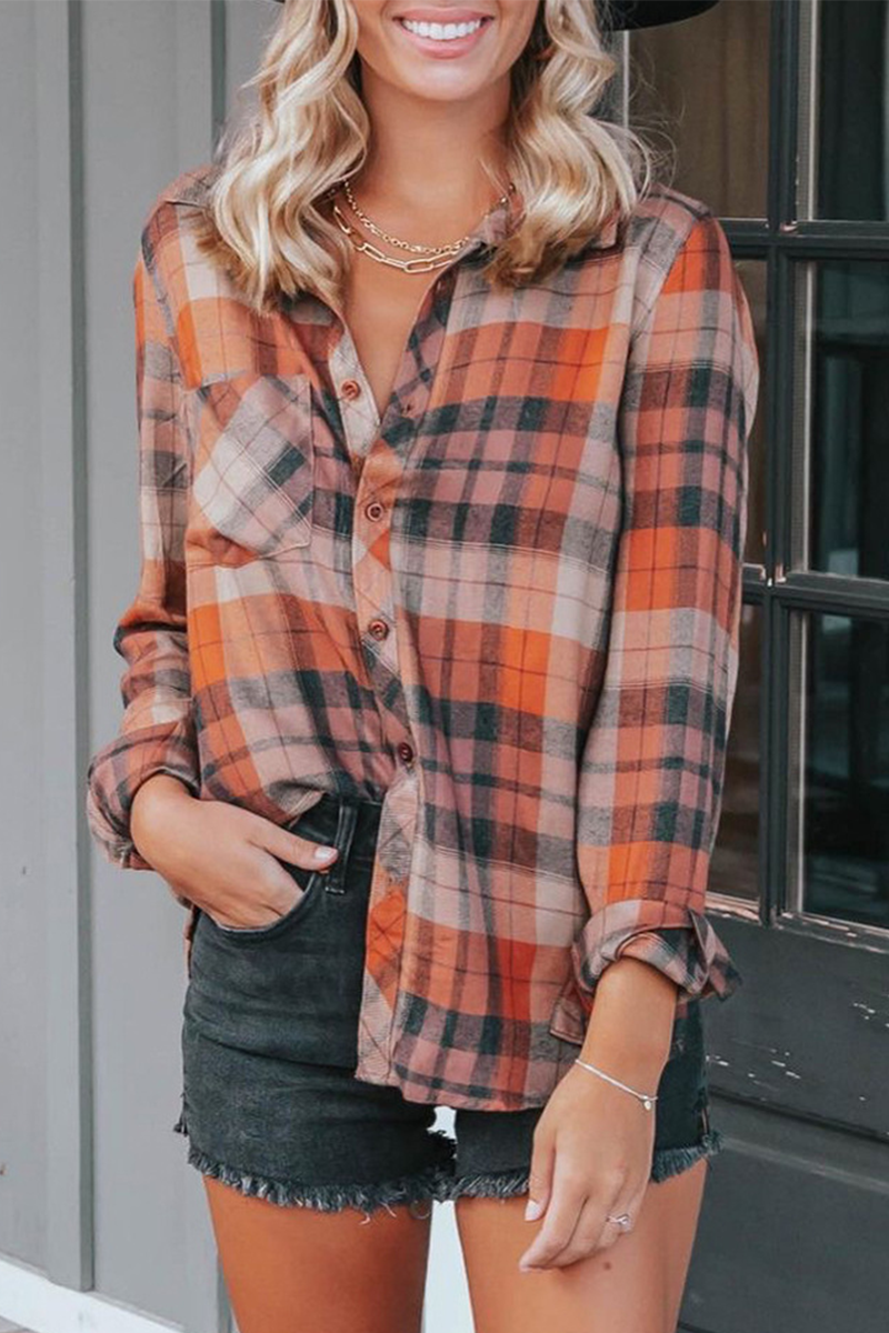 Fashion Elegant Plaid Buckle Turndown Collar Tops(3 Colors) main image 0