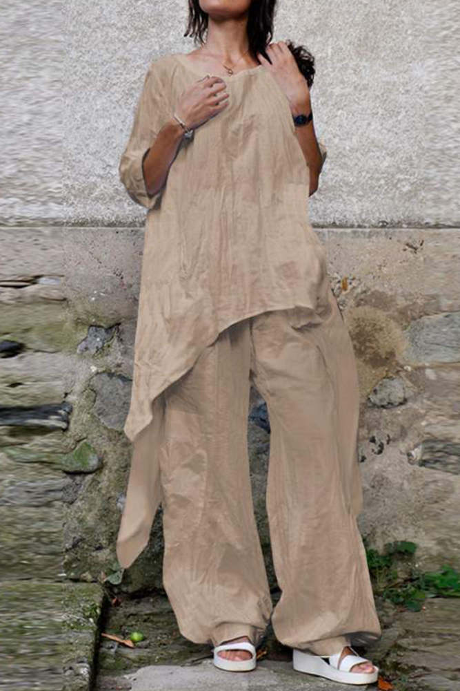 Casual Simplicity Solid Asymmetrical O Neck Three Quarter Two Pieces