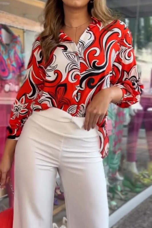 Elegant Print Patchwork Turndown Collar Tops